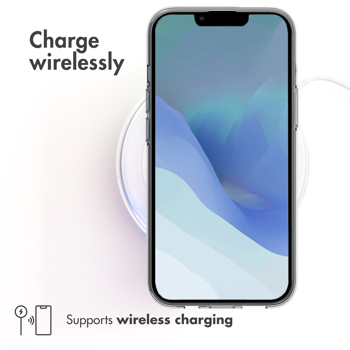 Smartphone en cargador inalámbrico blanco con texto Charge wirelessly.
