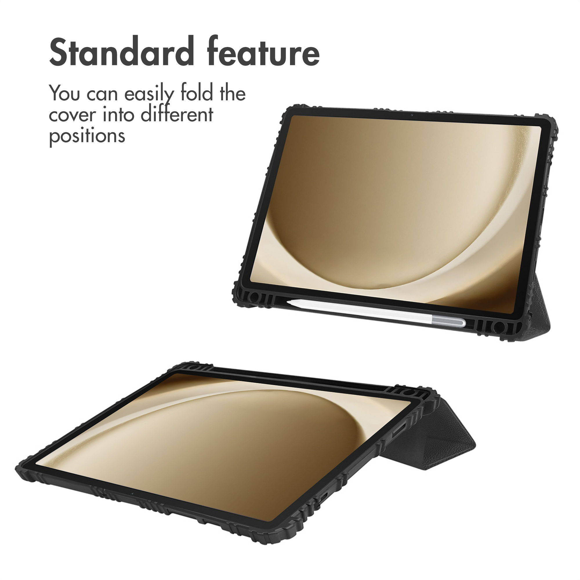 A tablet in a protective case shown in two different folding positions.