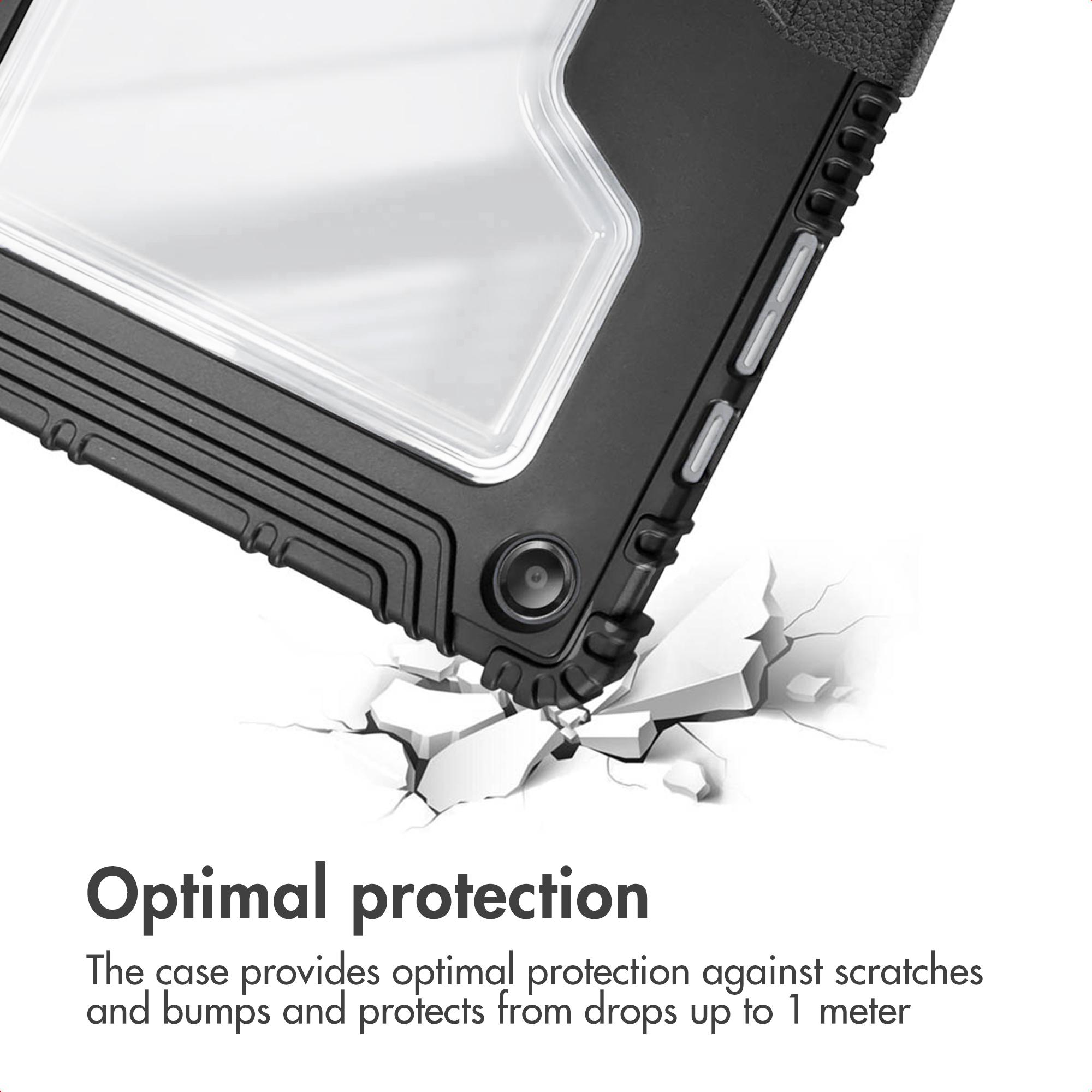 Black protective case with a built-in screen protector, shown striking a cracked white surface.