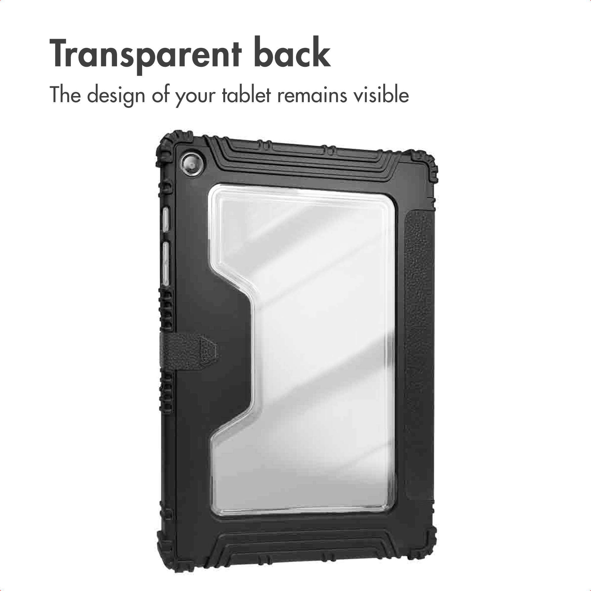 Black protective tablet case with a transparent back, keeping the device design visible.