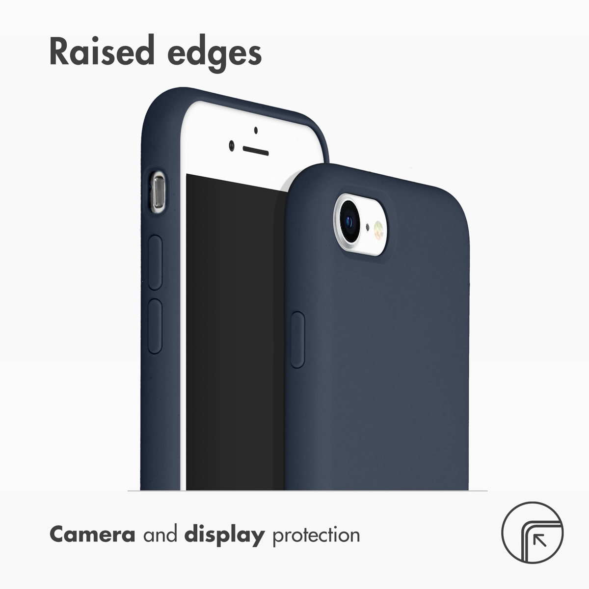Due cover per smartphone blu scuro che mostrano bordi rialzati per proteggere fotocamera e display.