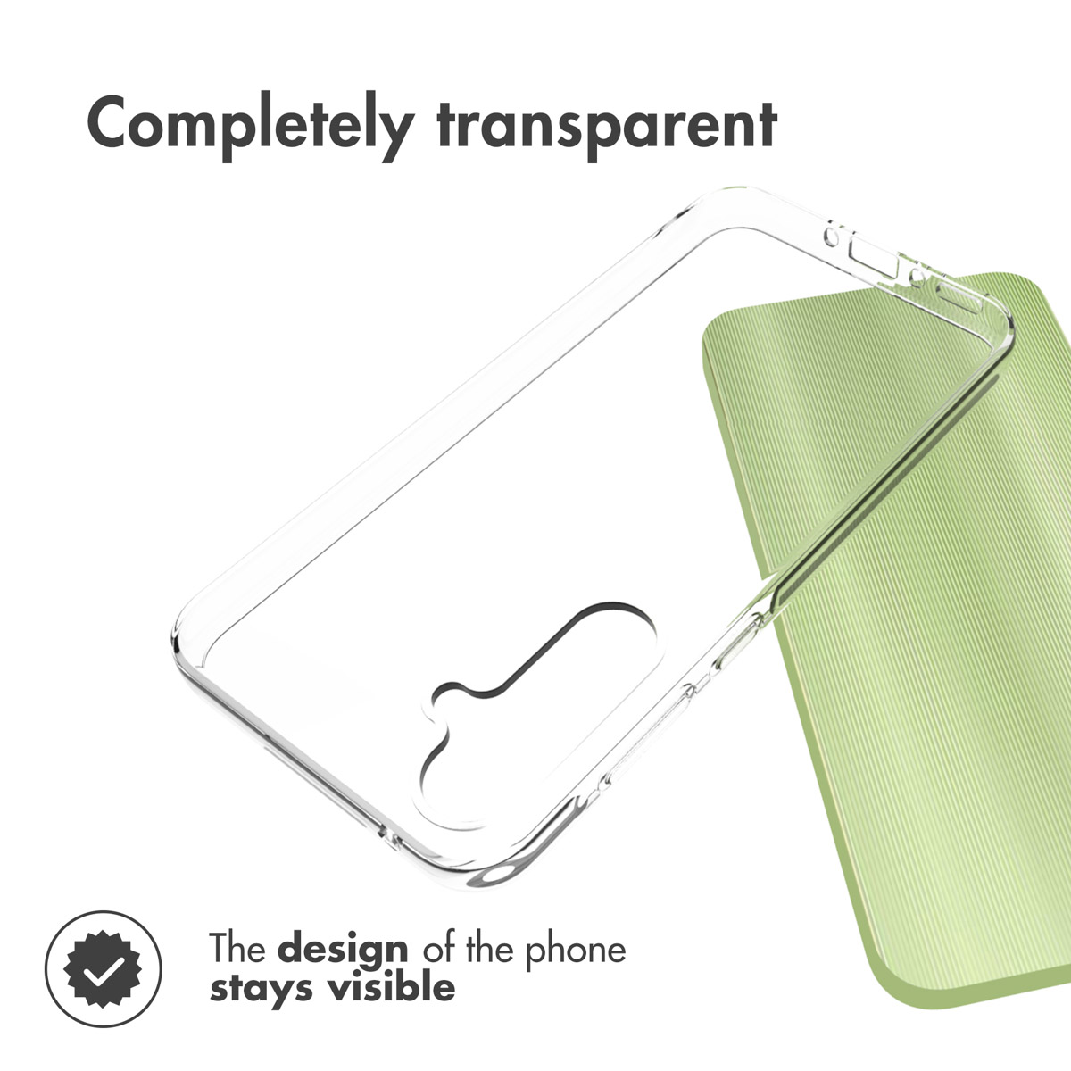 Une coque de protection transparente repose sur une surface vert clair rayée.