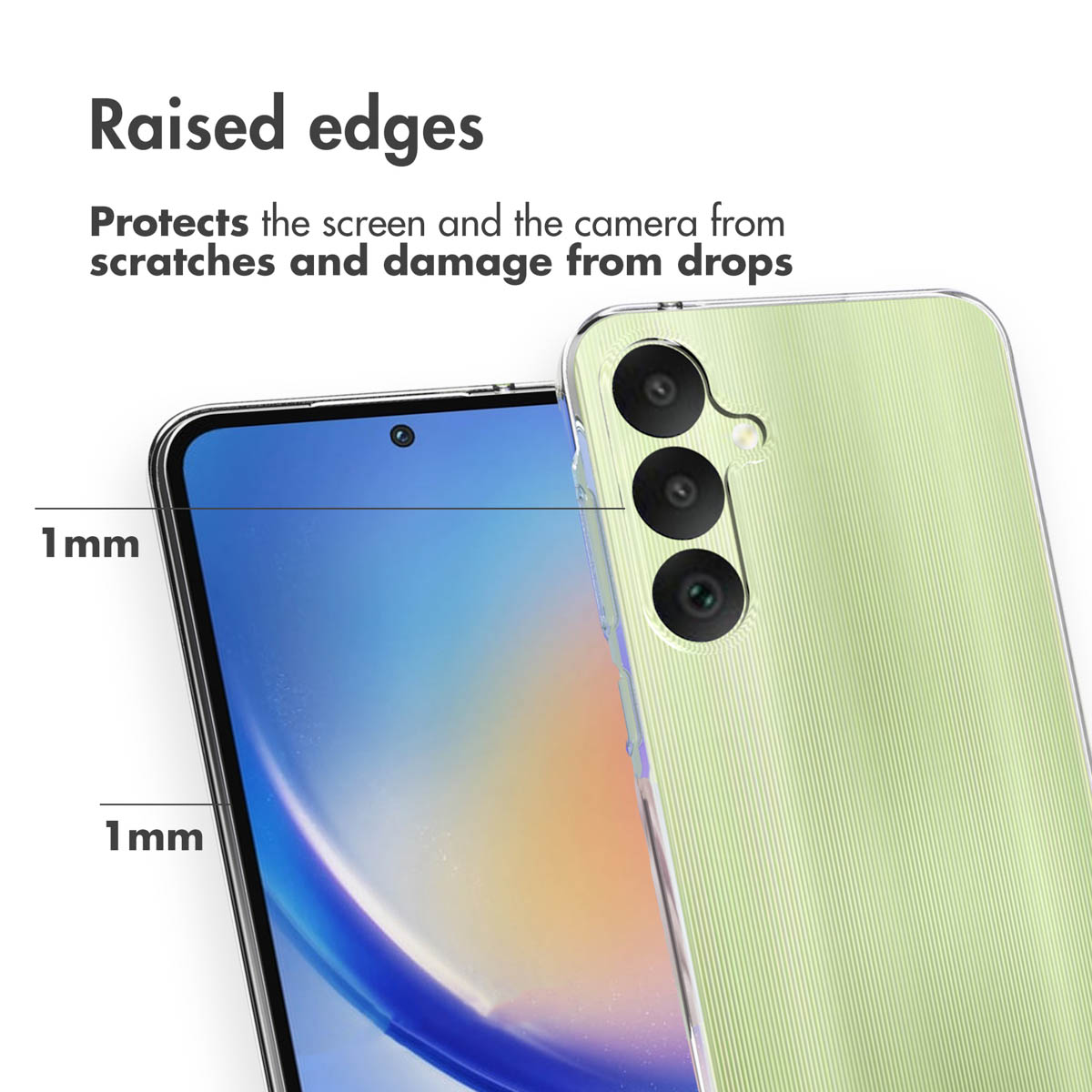 Smartphone dans une coque de protection avec bords surélevés de 1 mm.