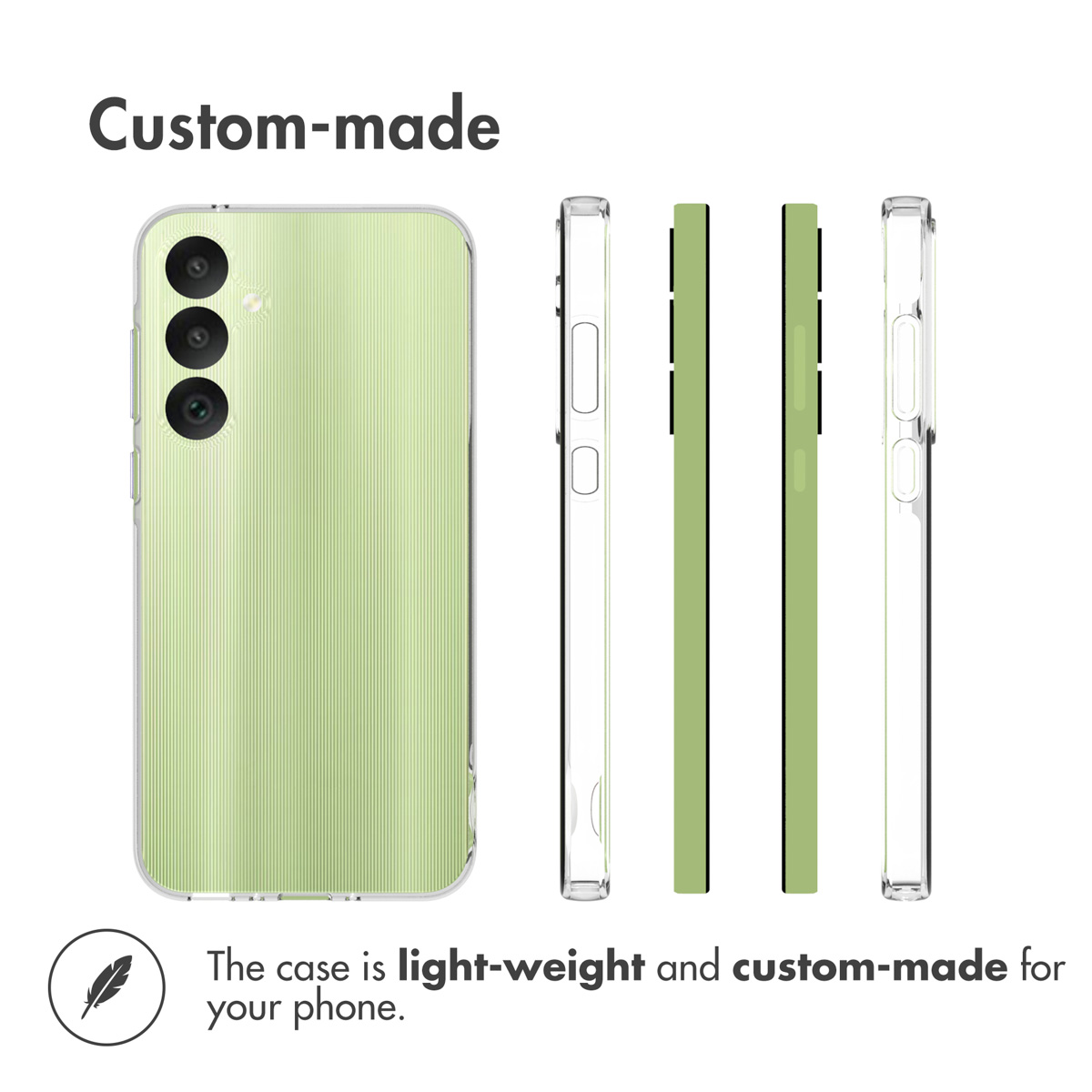 Vues d'une coque de téléphone vert clair personnalisée avec trois caméras verticales.