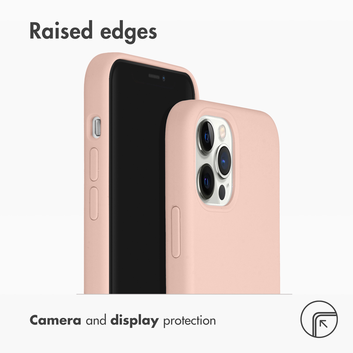 Dwa iPhone'y w różowych etui ochronnych z podniesionymi krawędziami dla aparatu i ekranu.