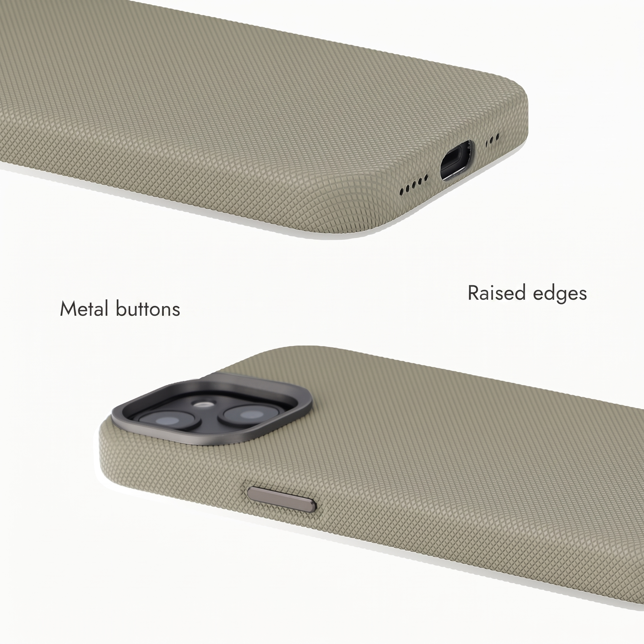 Beige telefoonhoesje met een getextureerd oppervlak, metalen knoppen en verhoogde randen.