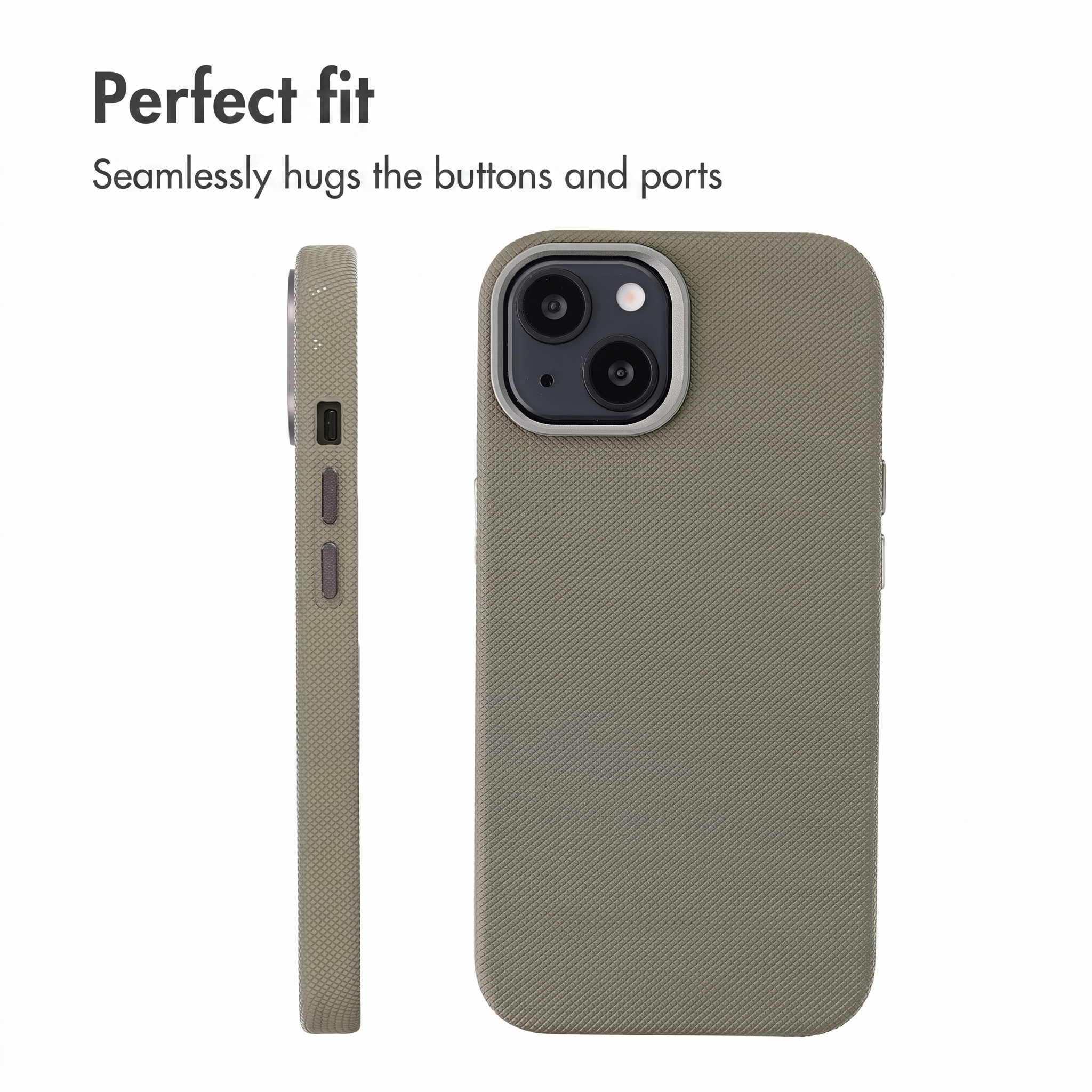 Olijfgroene telefoonhoes met textuur van achteren en zijkant, met nauwkeurige uitsparingen voor knoppen en poorten.