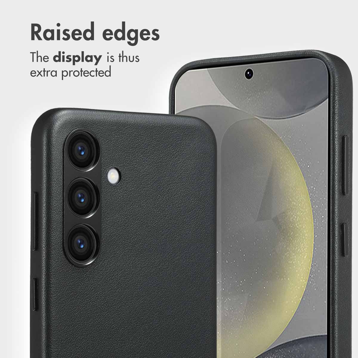 Deux coques noires montrent l'appareil photo et l'écran surélevé.