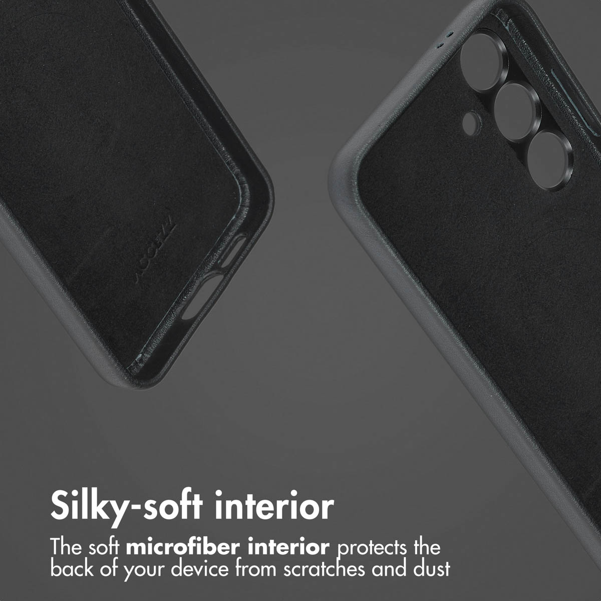 Coque de téléphone noire avec doublure en microfibre douce et texte de protection.