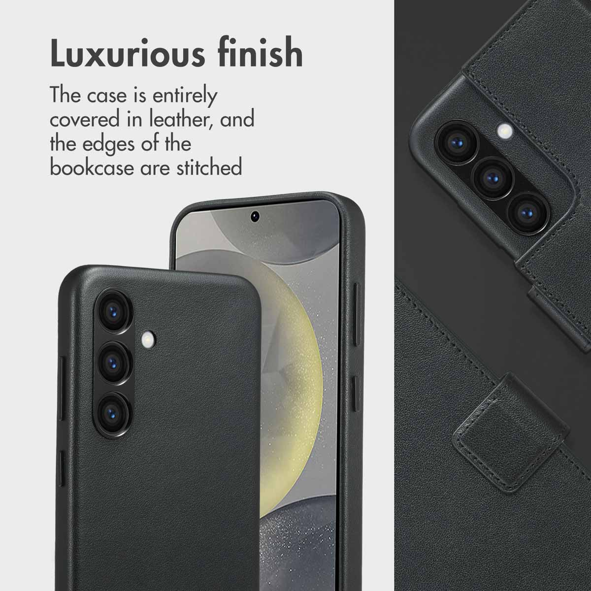 Coque de téléphone luxueuse en cuir noir avec des bords cousus et des découpes précises pour l'appareil photo.