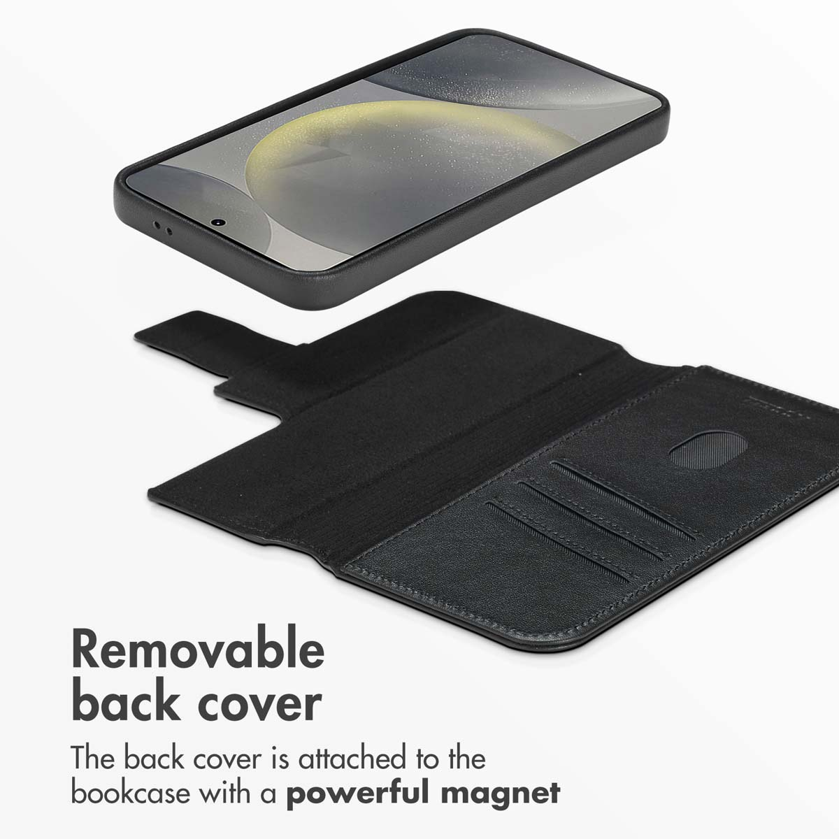 Un smartphone noir dans un étui avec portefeuille magnétique et texte Coque arrière amovible.