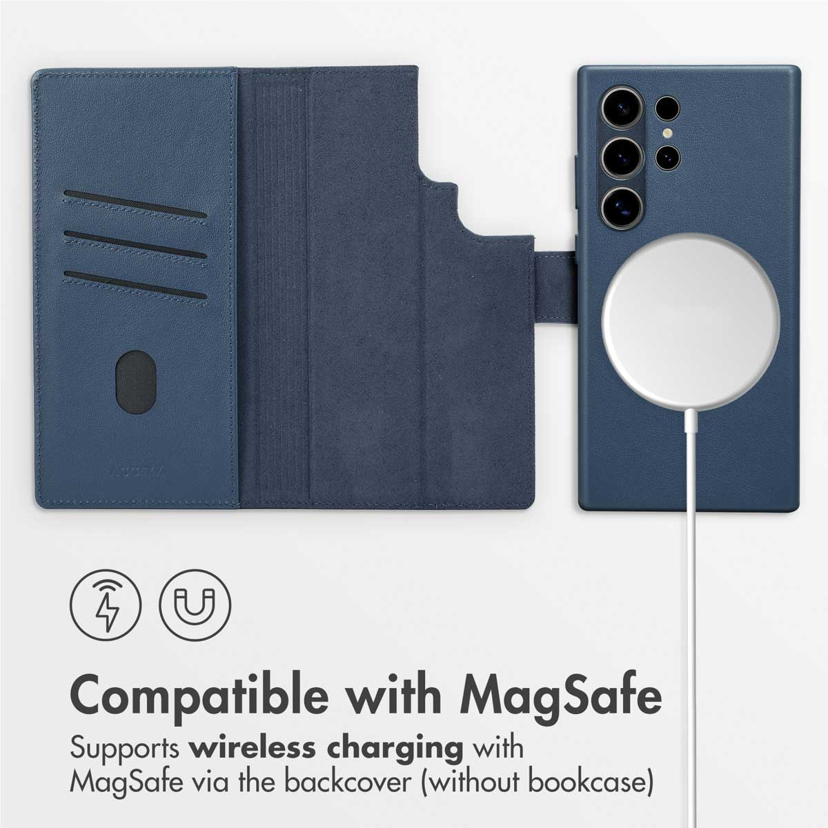 Coque de téléphone bleue avec fentes pour cartes et charge sans fil magnétique.