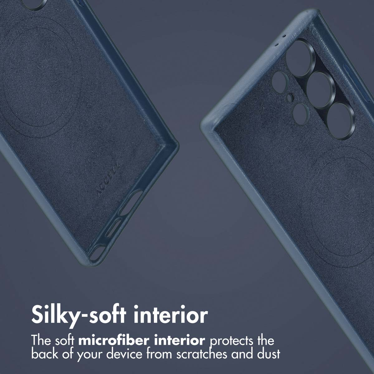 Coque de téléphone bleu foncé avec doublure intérieure en microfibre.