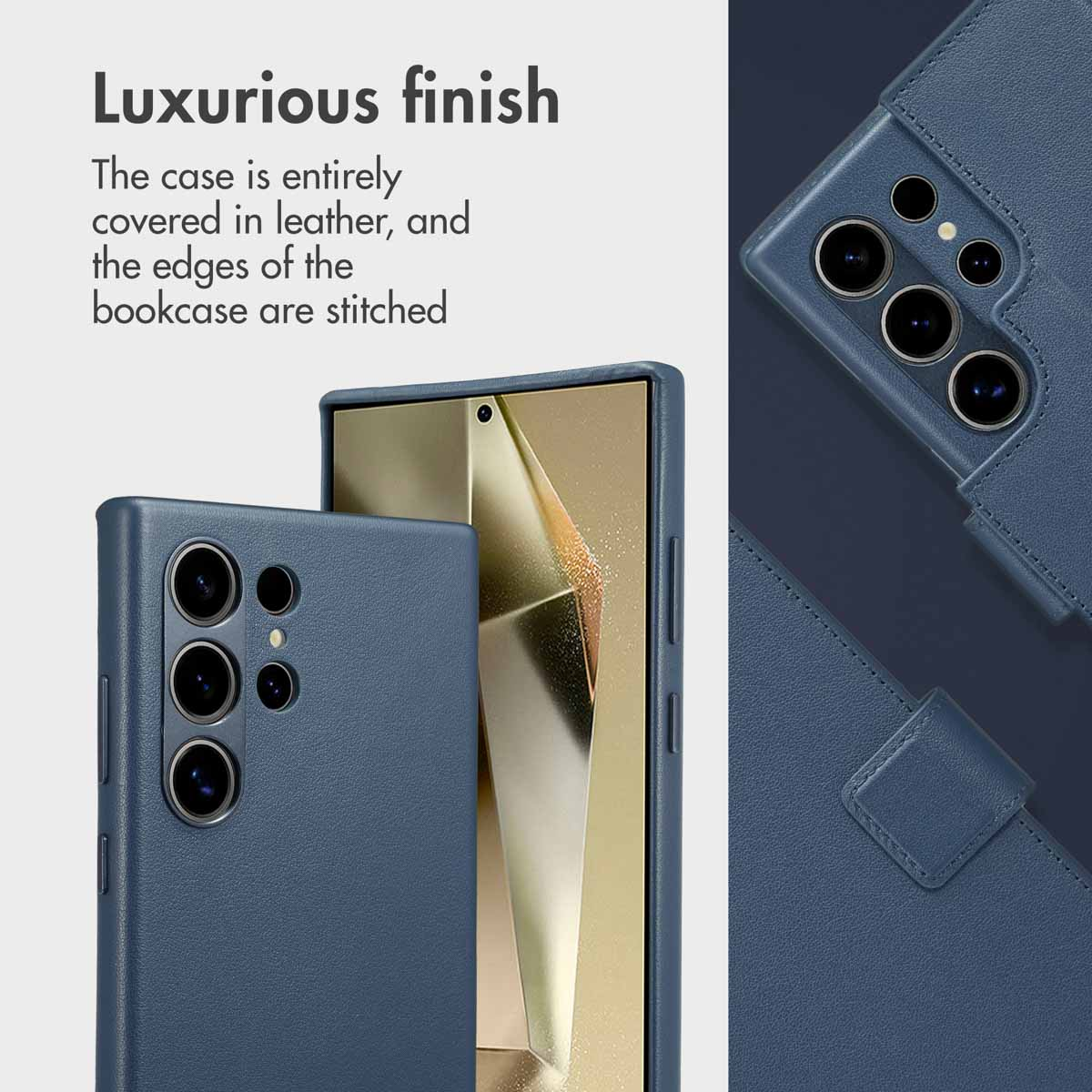 Étui de téléphone en cuir bleu avec coutures, gros plans sur l'appareil photo et la finition.