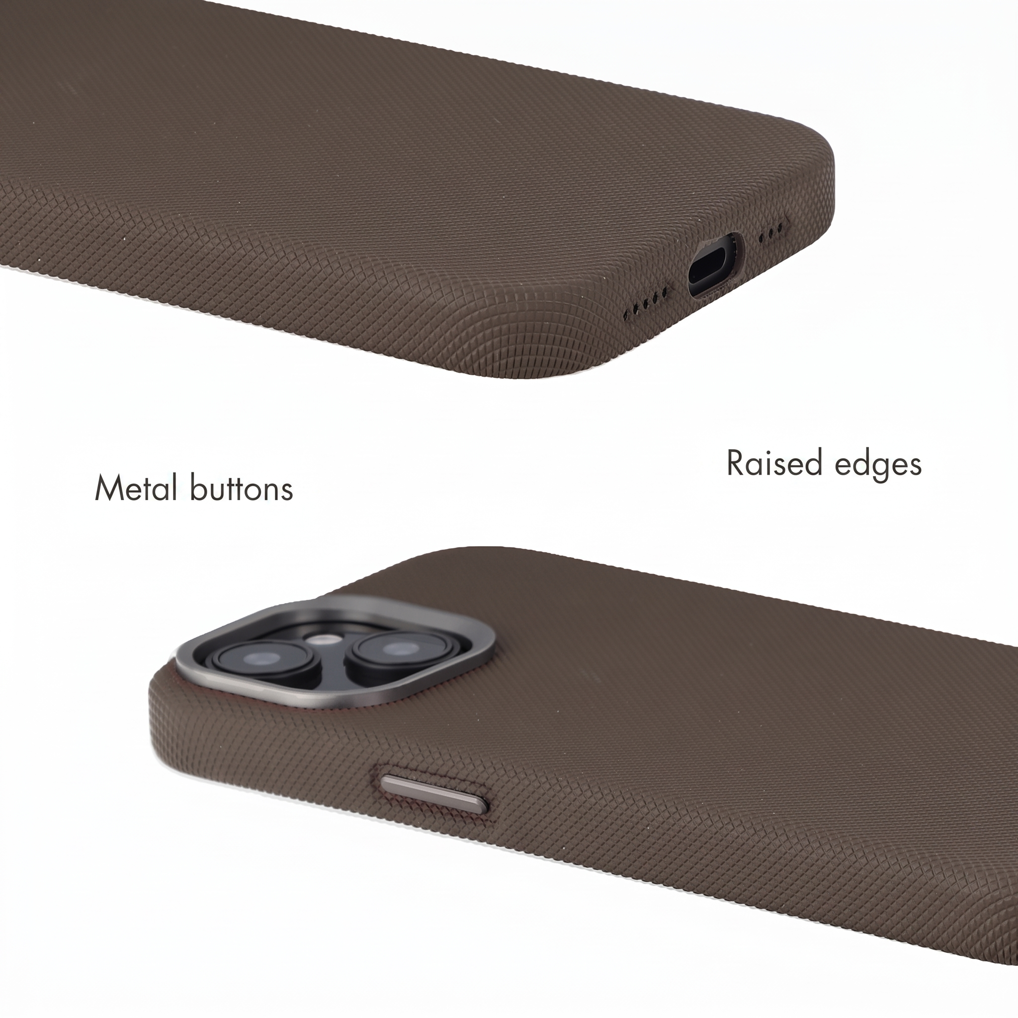 Bruine telefoonhoes met gestructureerd oppervlak, metalen knoppen en camera-uitsparing op een witte achtergrond.