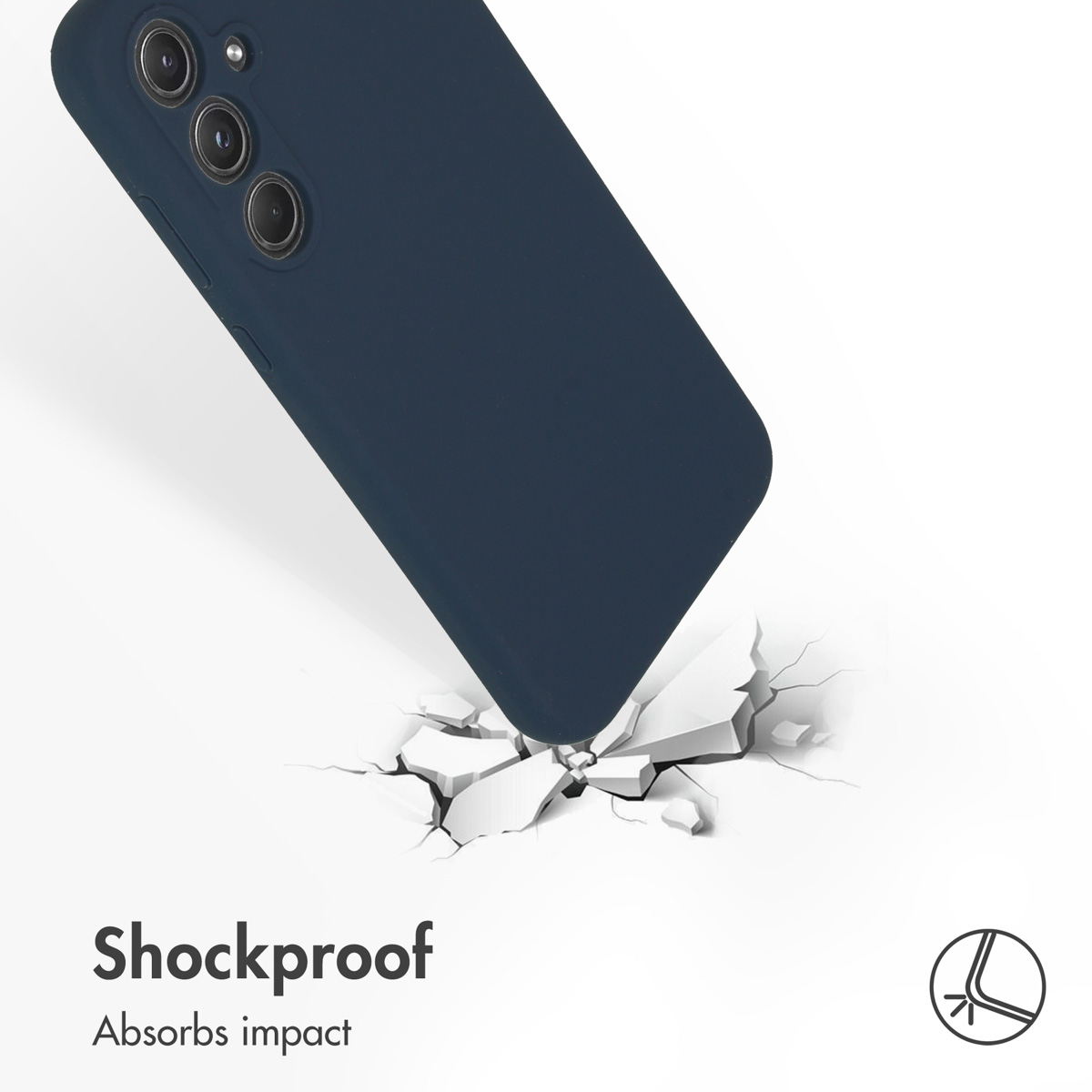 Ciemnoniebieski smartfon uderza w pękniętą powierzchnię, co ilustruje ochronę wstrząsoodporną.