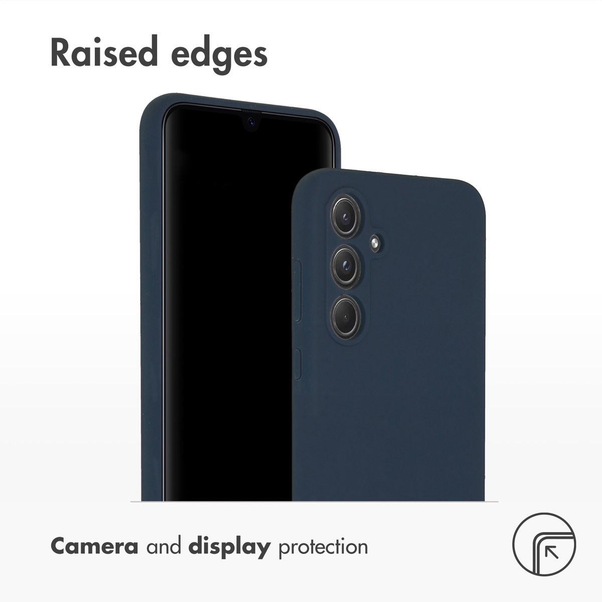 Niebieski smartfon w etui z podwyższonymi krawędziami chroniącymi ekran i aparat.