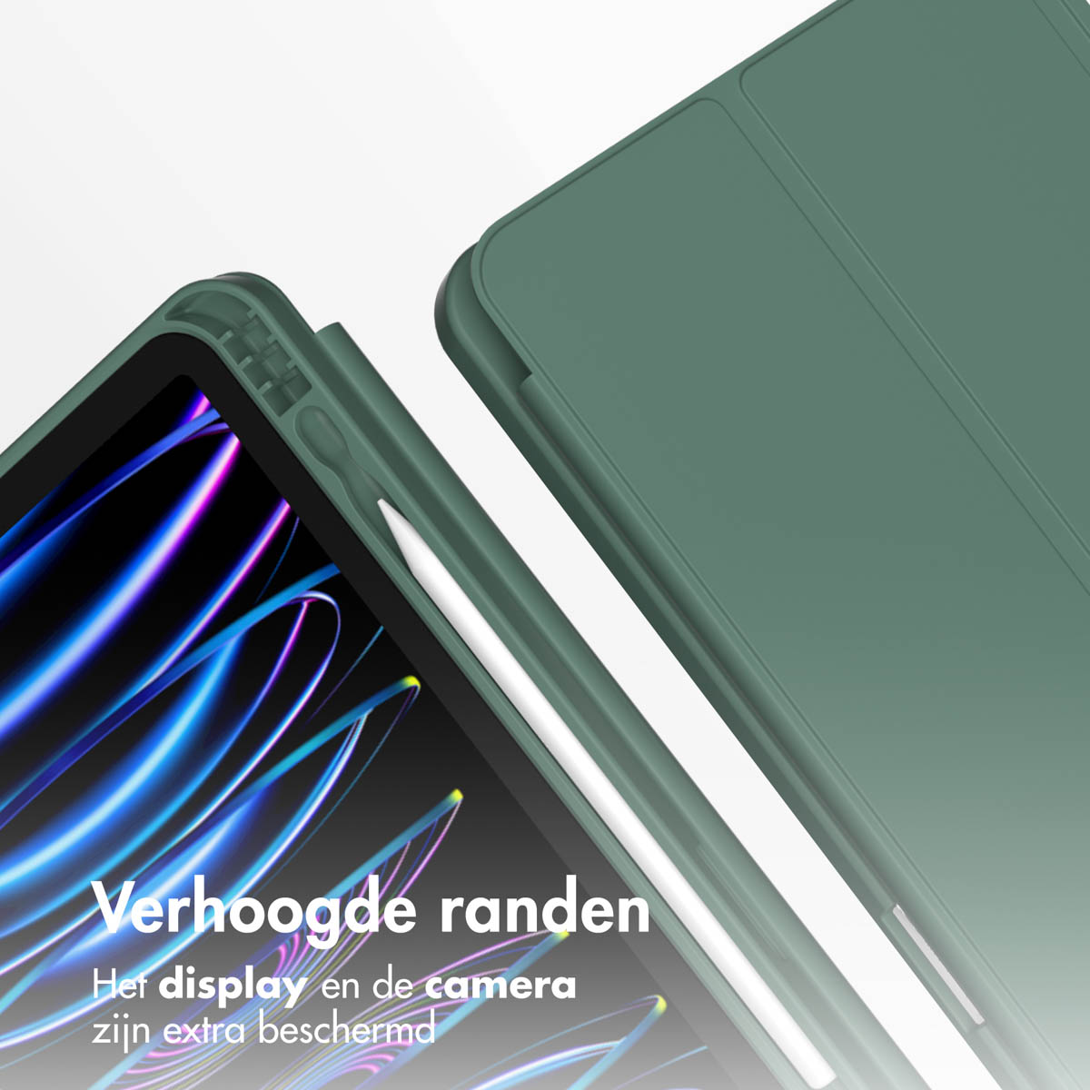 Custodia verde per tablet con porta stilo integrato e display.