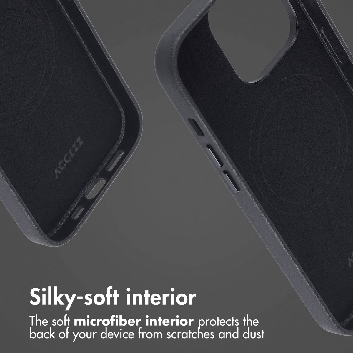 Custodie per smartphone nere con morbida fodera interna in microfibra e testo sulla protezione.