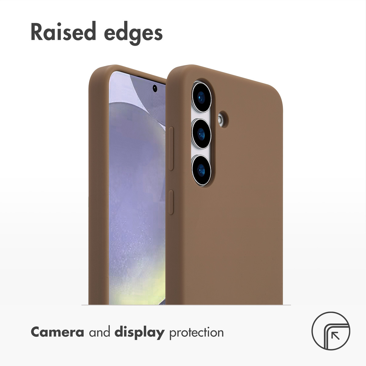 Eine braune Handyhülle mit erhöhten Kanten zum Schutz von Kamera und Display.