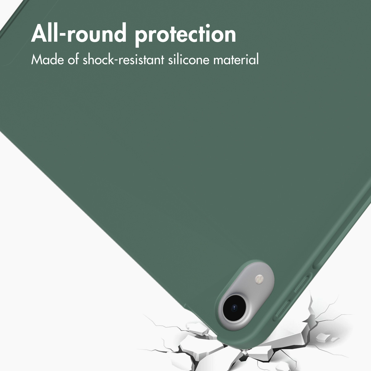 Custodia per tablet in silicone verde con foro per fotocamera su sfondo bianco.
