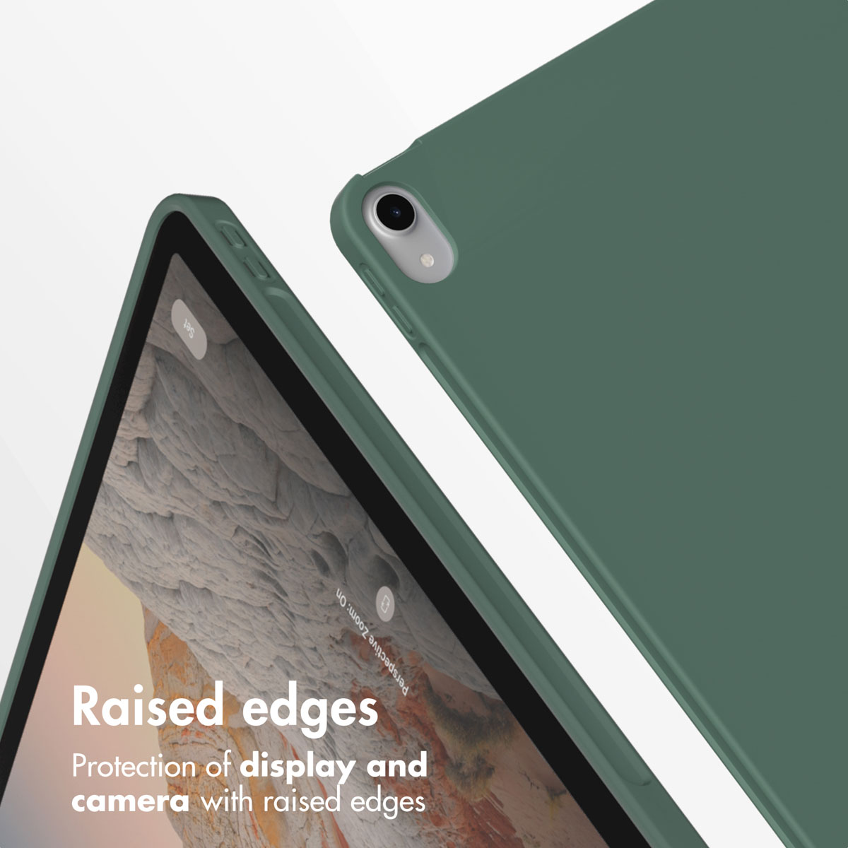 Custodia verde per tablet con bordi rialzati per proteggere schermo e fotocamera.