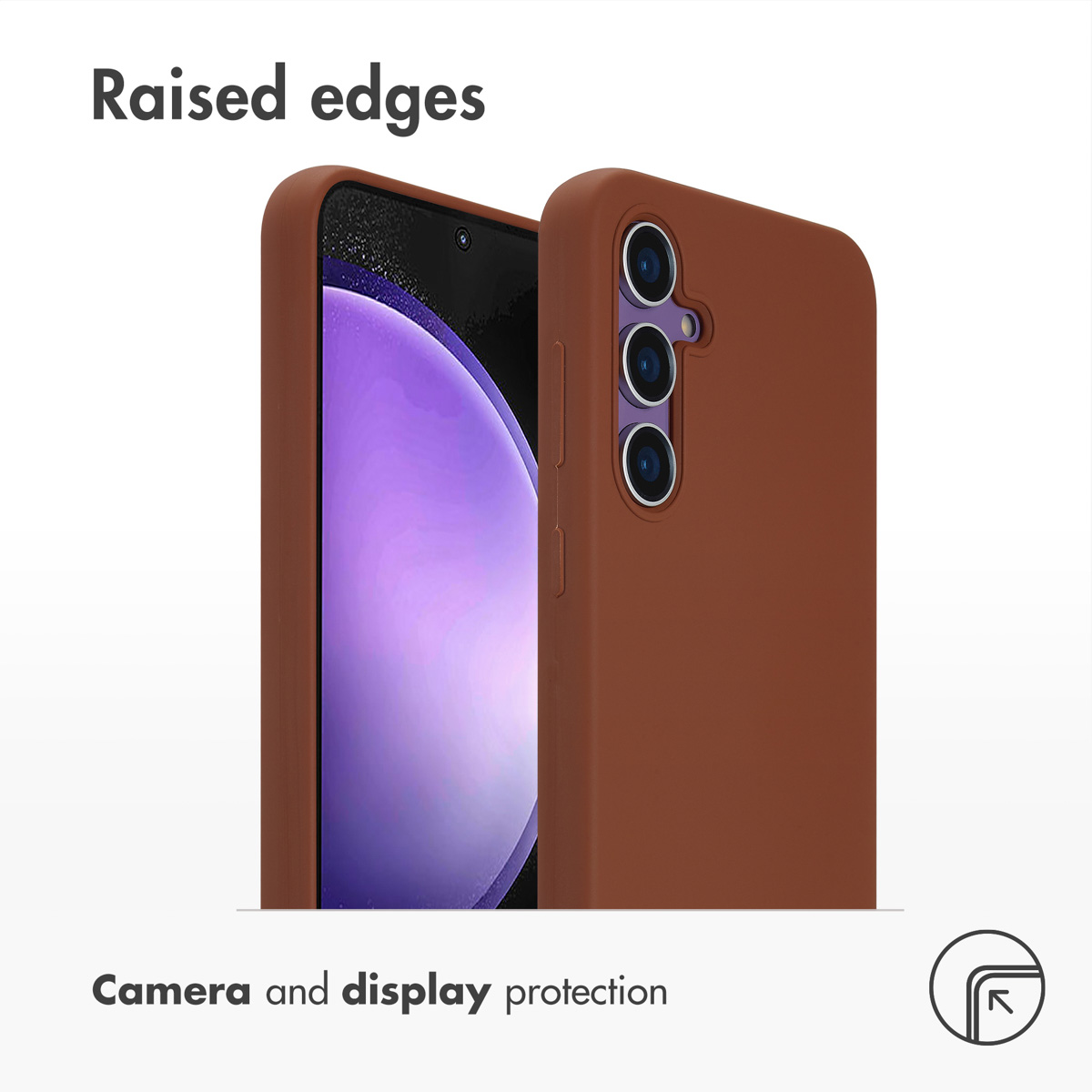 Una custodia marrone per smartphone con bordi rialzati per proteggere fotocamera e display.