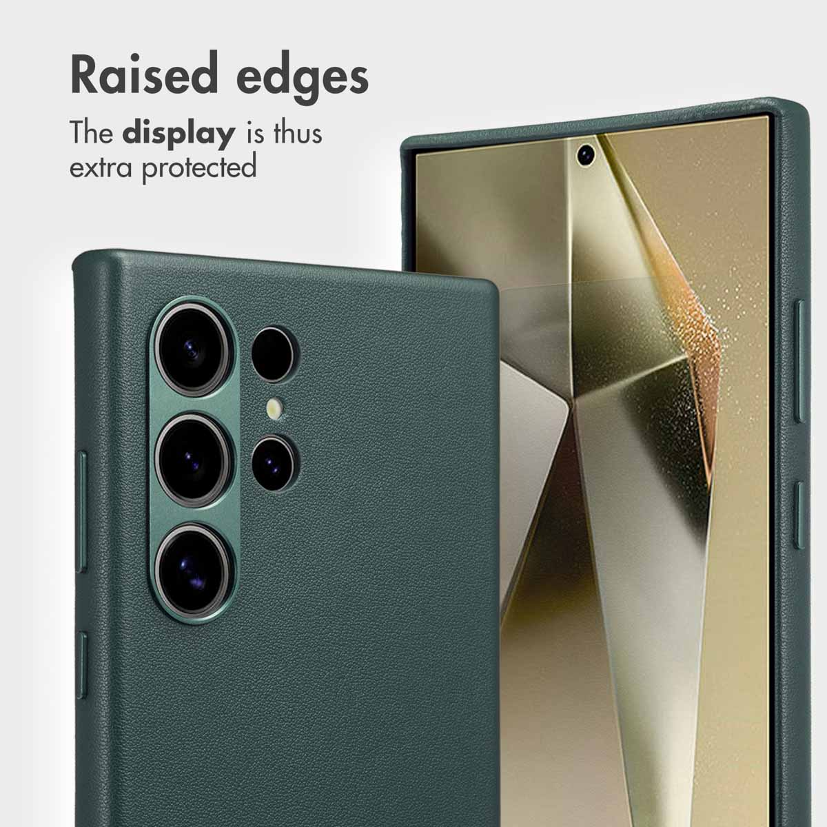 Coque de téléphone verte avec bords surélevés protégeant l'appareil photo et l'écran.