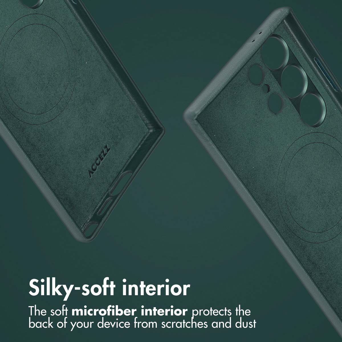 Coque de téléphone verte avec intérieur en microfibre douce et protection.