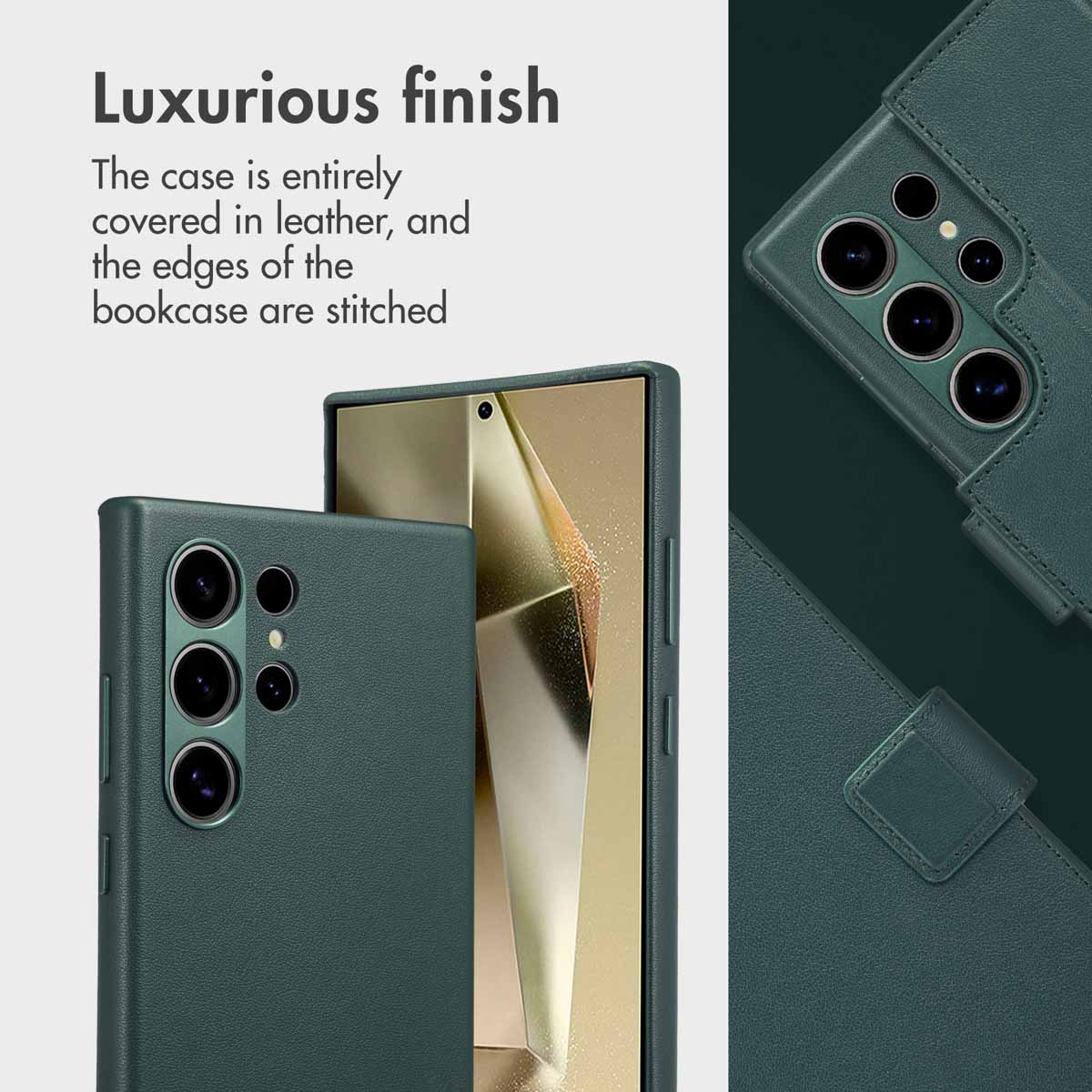 Un étui de smartphone en cuir vert foncé cousu montrant les objectifs de la caméra arrière et l'écran.