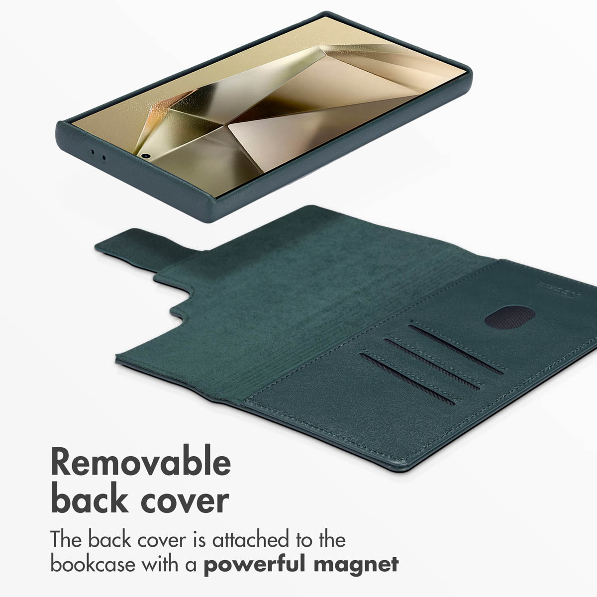 Coque de téléphone en cuir vert foncé avec dos amovible, fentes pour cartes et texte.