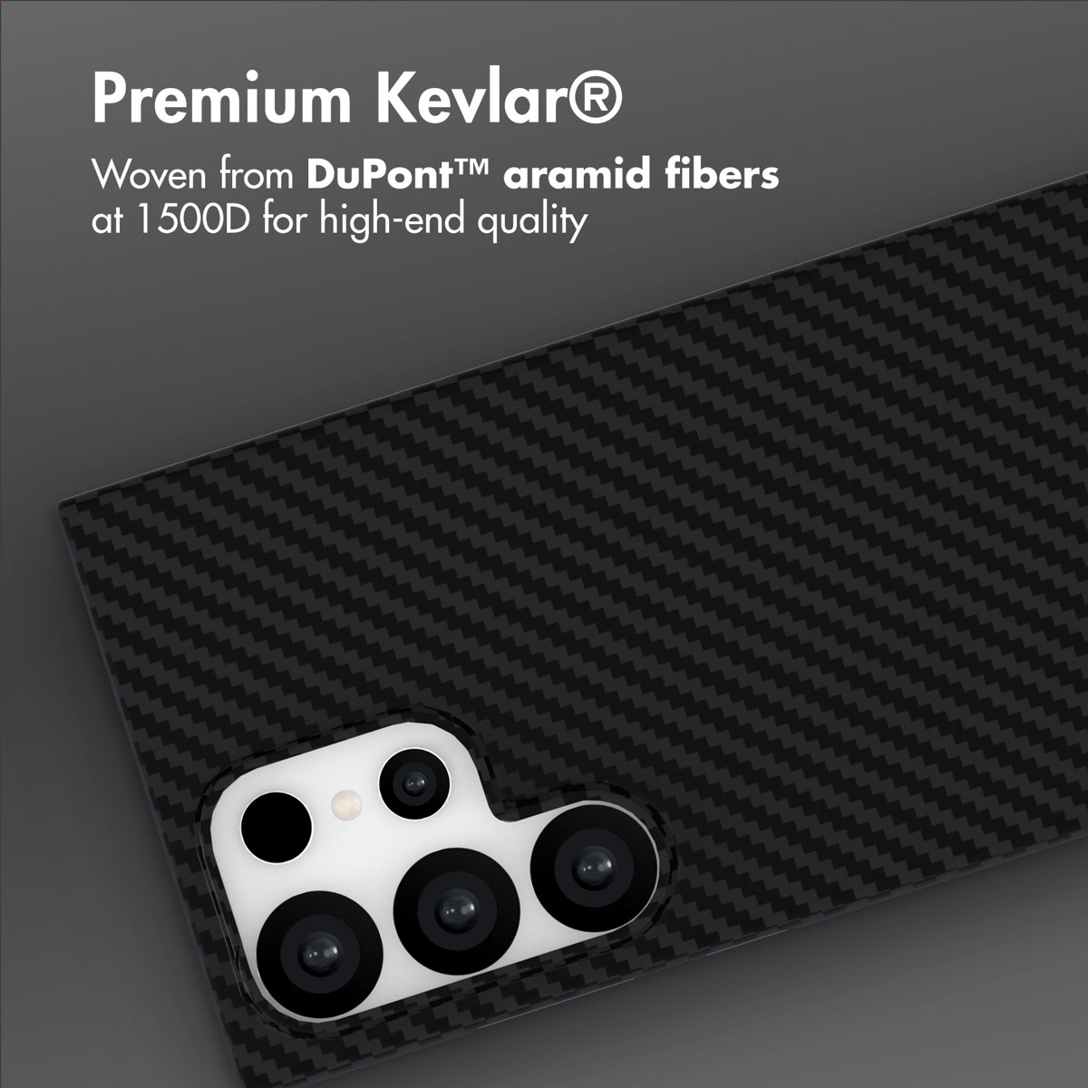 Schwarze Kevlar-Handyhülle mit Carbonmuster und integriertem Kameramodul.