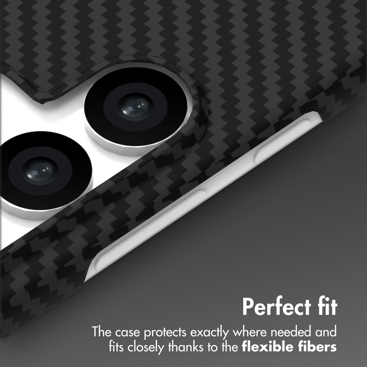 Eine schwarze Kohlefaser-Smartphone-Hülle mit zwei Kameralinsen und weißen Seitentasten, mit dem Text „Perfect fit“.