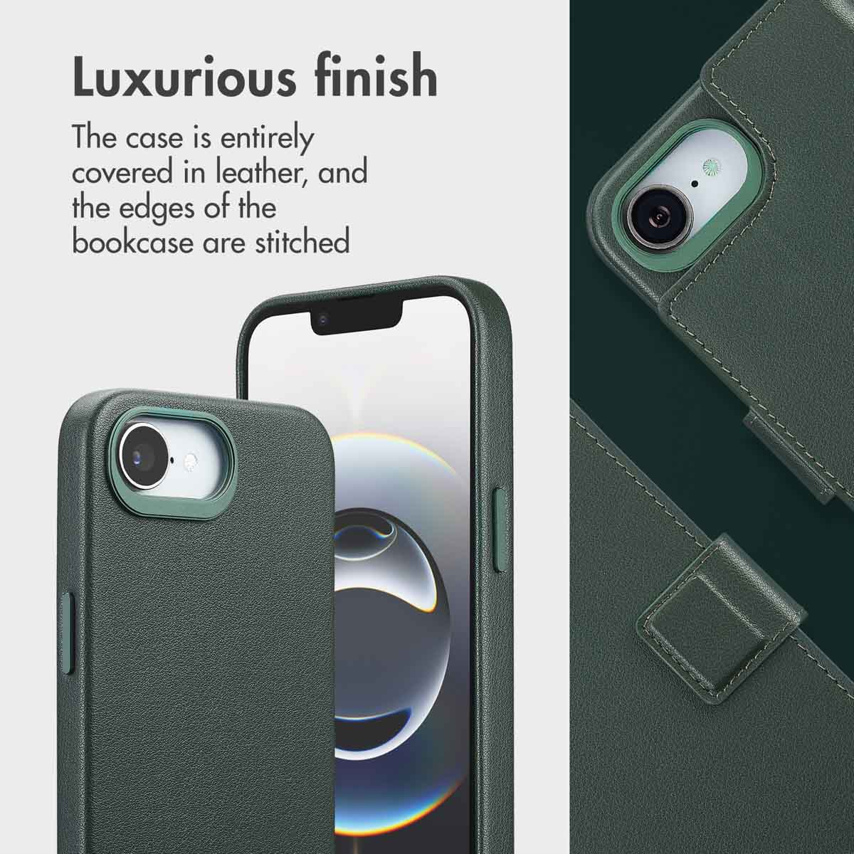 Custodia per telefono in pelle verde con bordi cuciti e ritaglio per fotocamera.