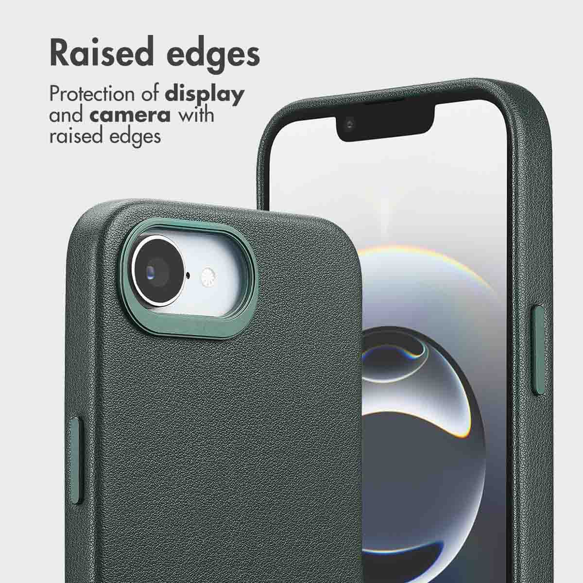 Custodia per smartphone verde scuro con bordi rialzati per protezione di schermo e fotocamera.
