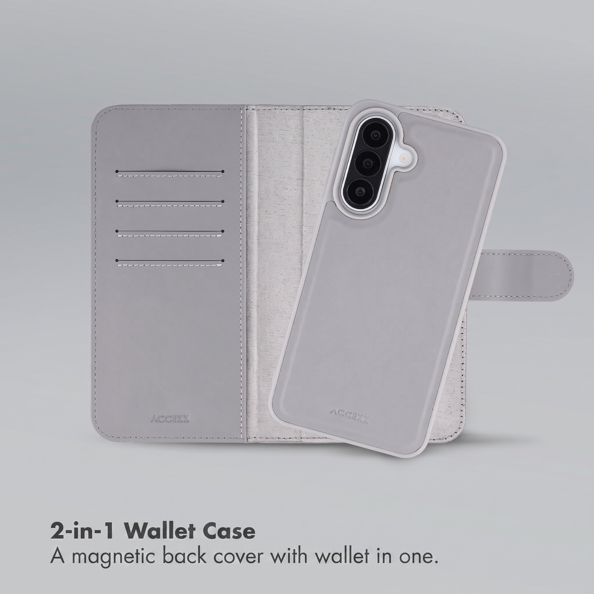 Un étui portefeuille gris 2 en 1 avec des fentes pour cartes et une coque arrière magnétique.
