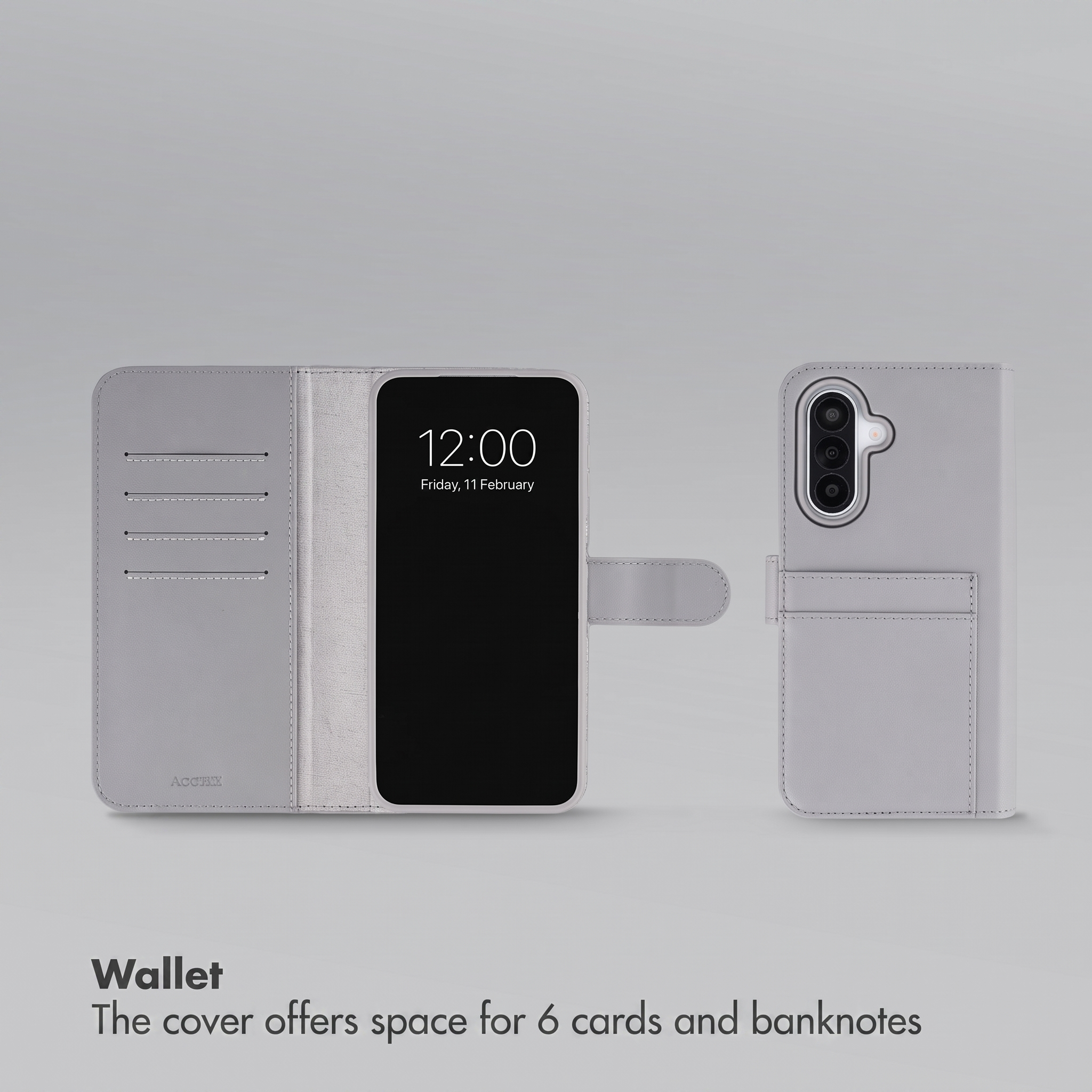 Un étui portefeuille gris pour téléphone avec fentes pour cartes et un smartphone sur fond gris.