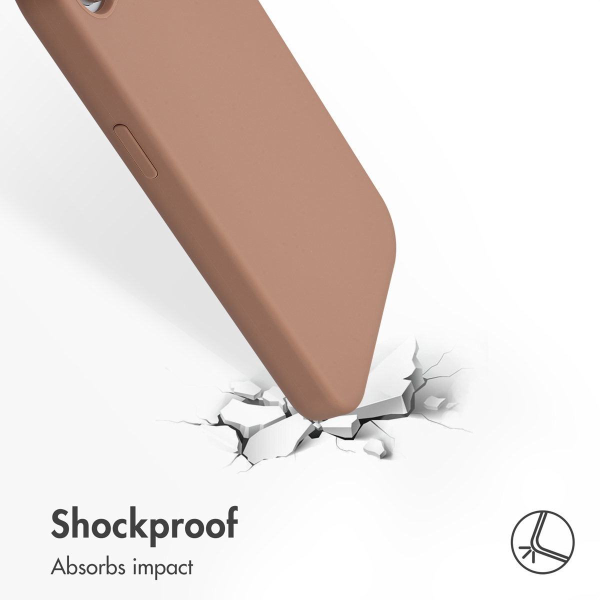 Une coque de téléphone marron heurte une surface blanche fracturée, démontrant sa résistance aux chocs.
