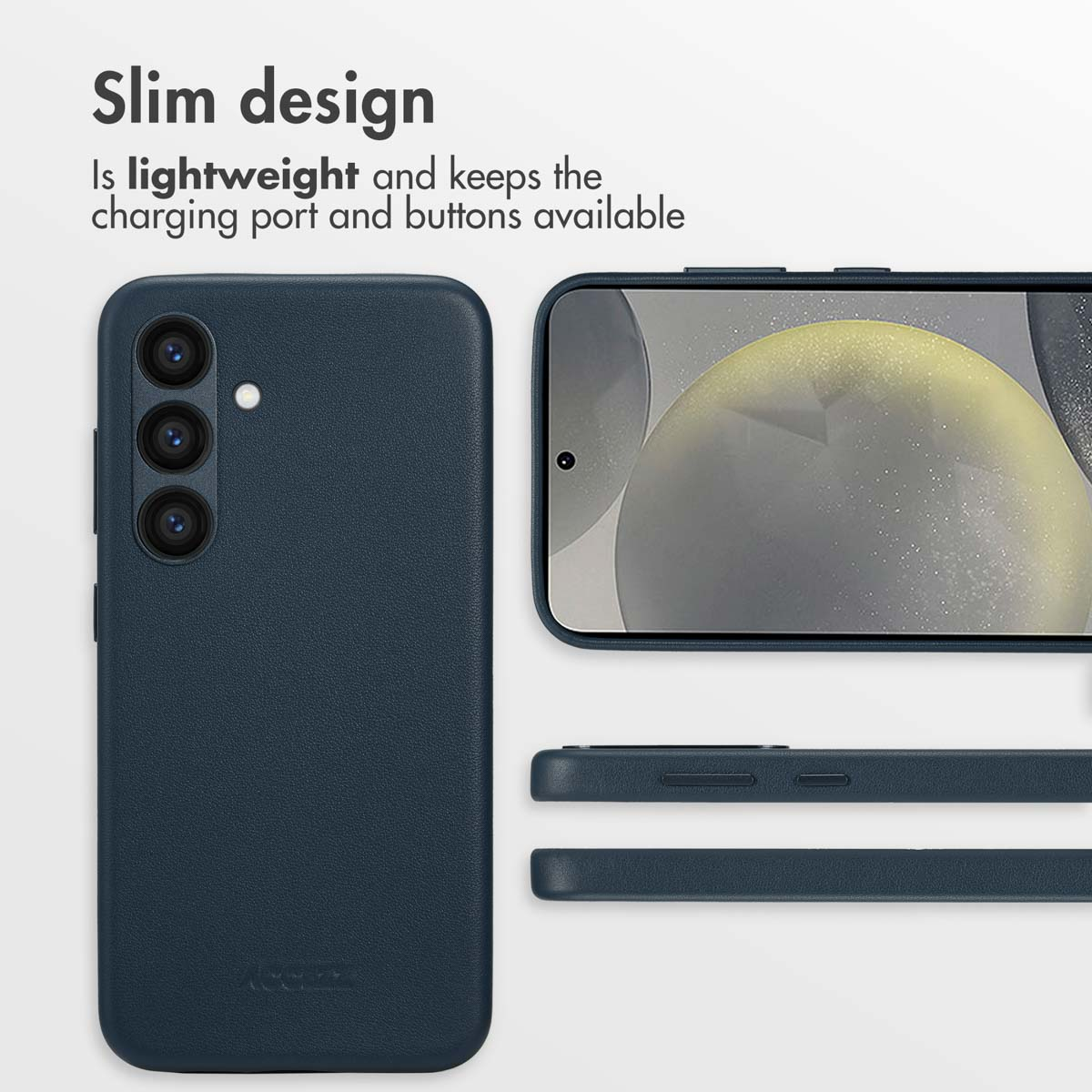 Custodia per smartphone blu scuro sottile e leggera con tre aperture per fotocamera.