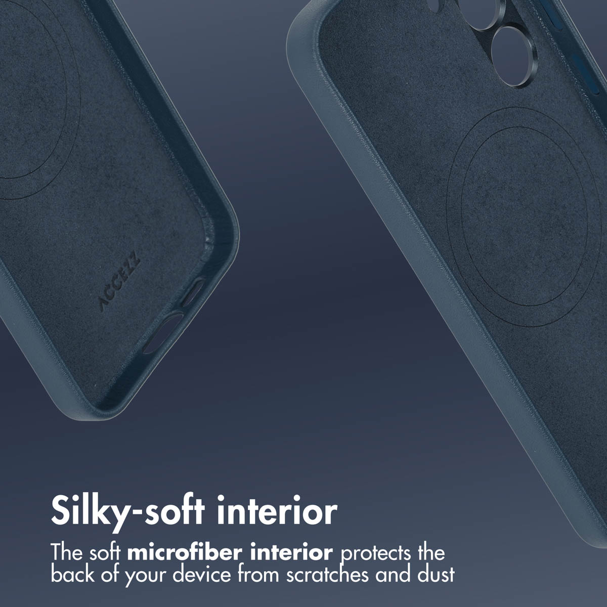 Custodia per telefono blu con interno in morbida microfibra per proteggere da graffi e polvere.