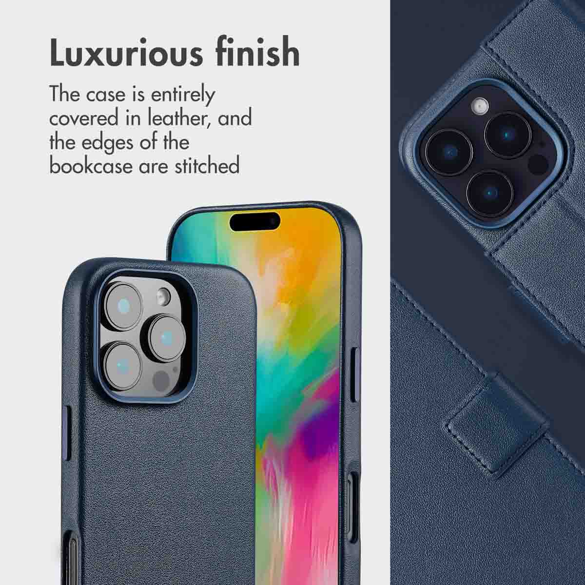 Luxuriöse dunkelblaue Lederhülle für ein Smartphone mit gestitchten Kanten und Kameraausschnitt.
