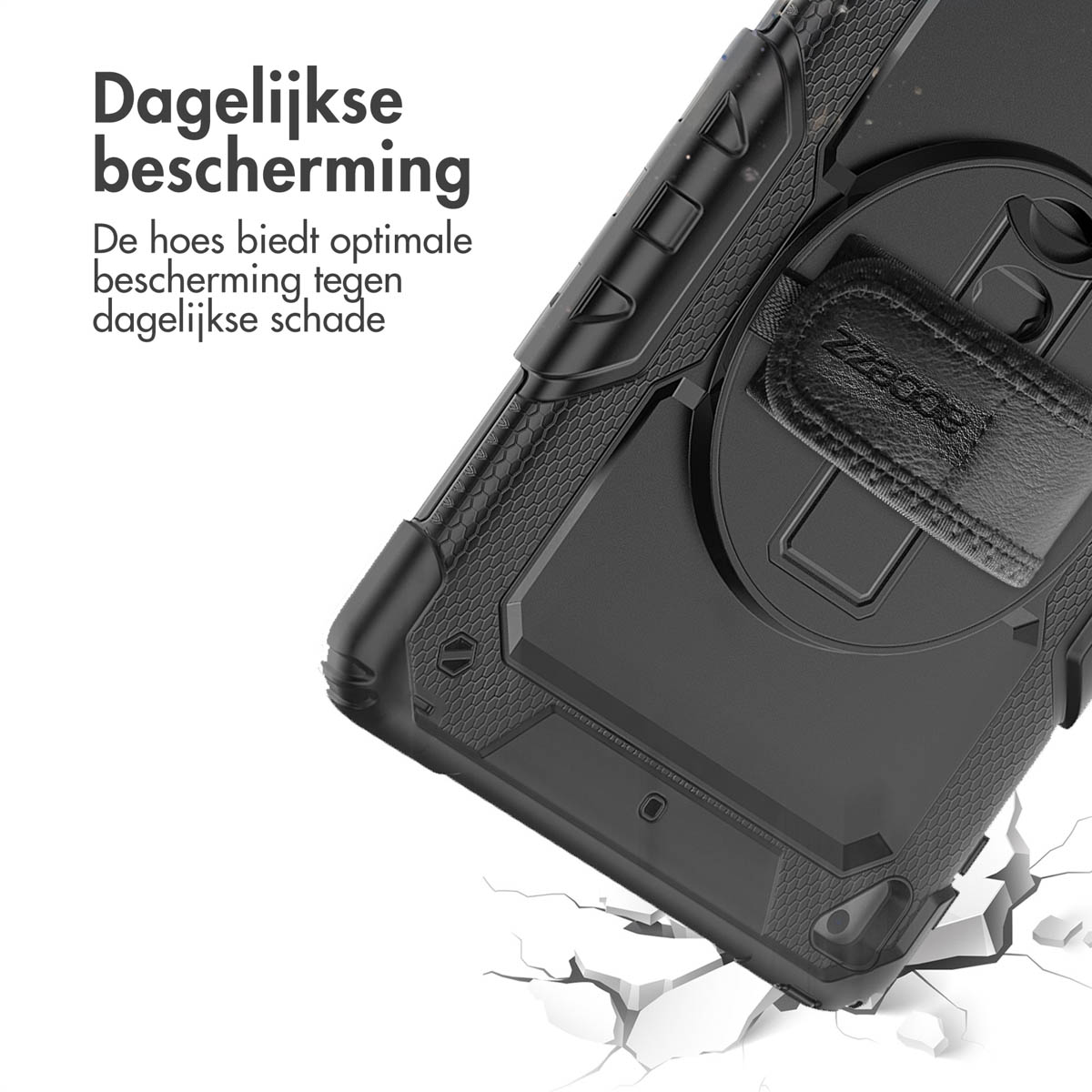 Coque de protection noire robuste avec support intégré et texte en néerlandais.
