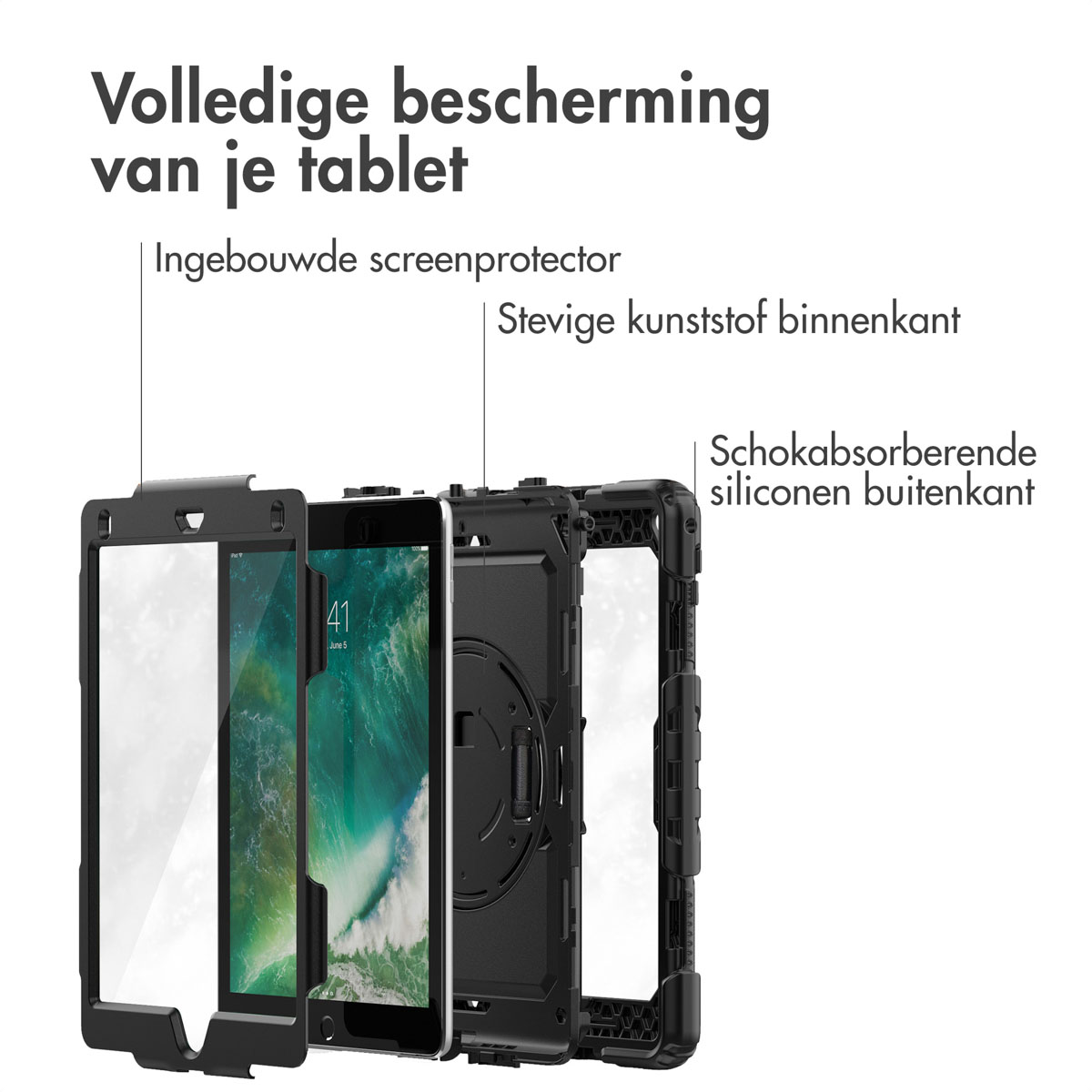 Vue éclatée d'un étui de tablette avec protecteur d'écran intégré et intérieur en plastique robuste.