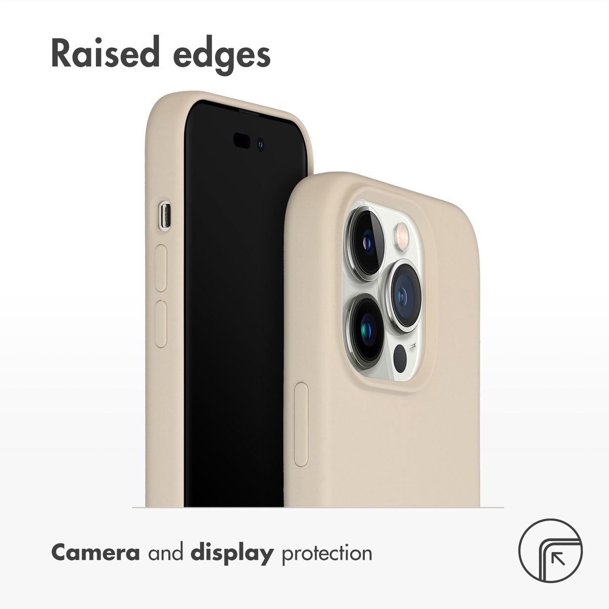 Custodia per telefono beige con bordi rialzati per proteggere fotocamera e display.