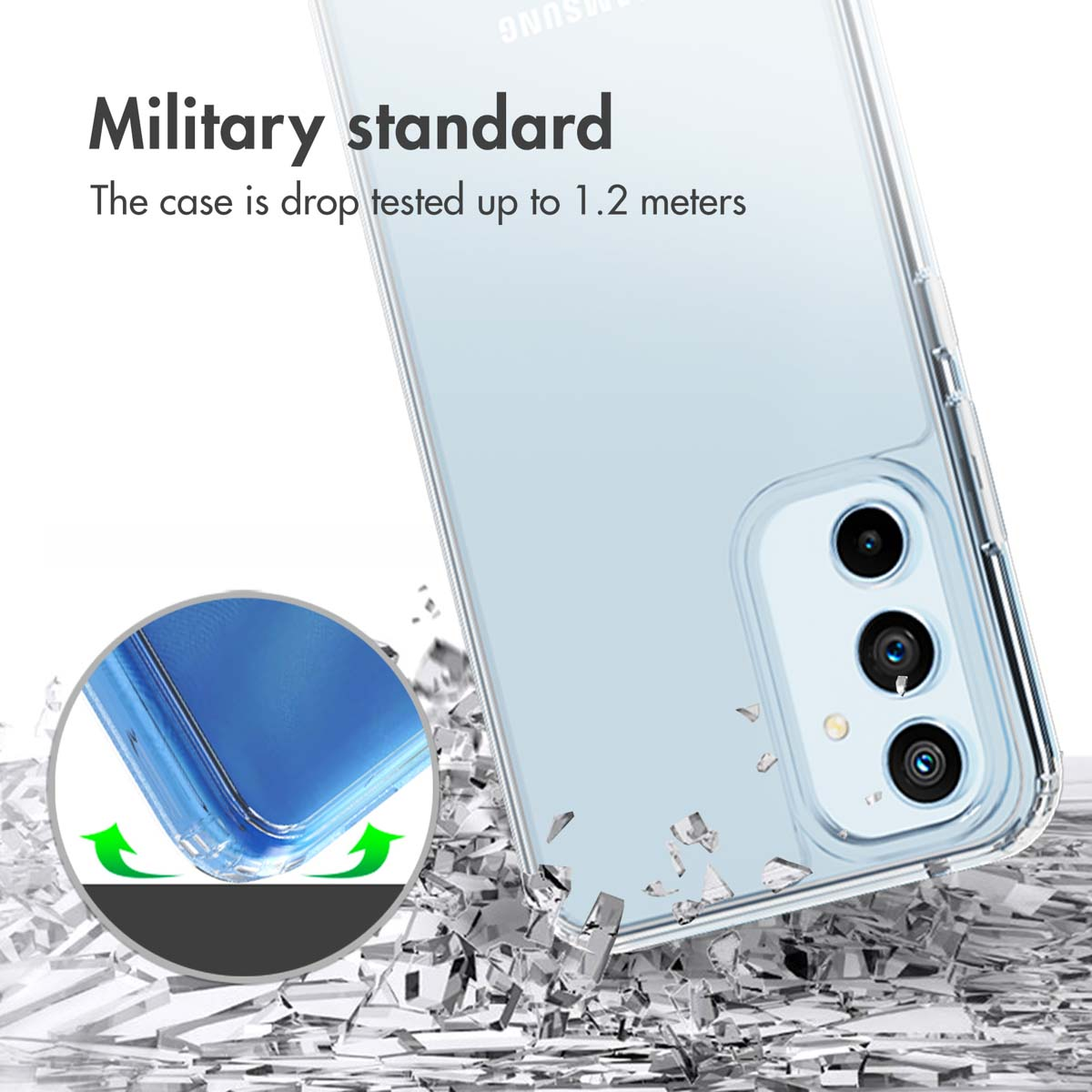 Transparente Handyhülle mit Militärstandard, sturzsicher bis zu 1,2 Metern auf Glasscherben.