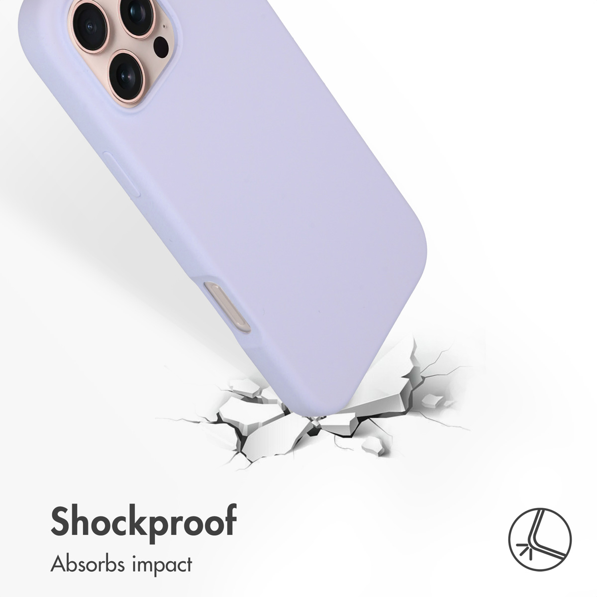 Una cover per cellulare viola colpisce cemento rotto, con testo Shockproof e Absorbs impact.