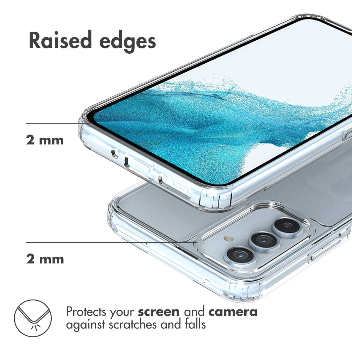 Transparente Handyhülle mit 2 mm erhöhten Rändern zum Schutz von Bildschirm und Kamera.