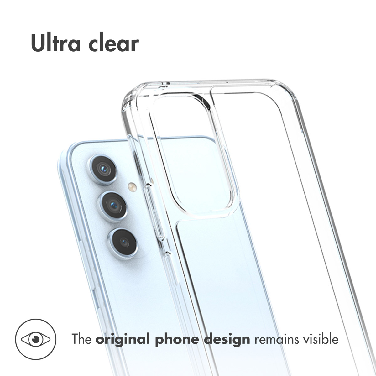 Eine ultraklare Handyhülle liegt auf einem hellblauen Smartphone, wodurch das ursprüngliche Design sichtbar bleibt.