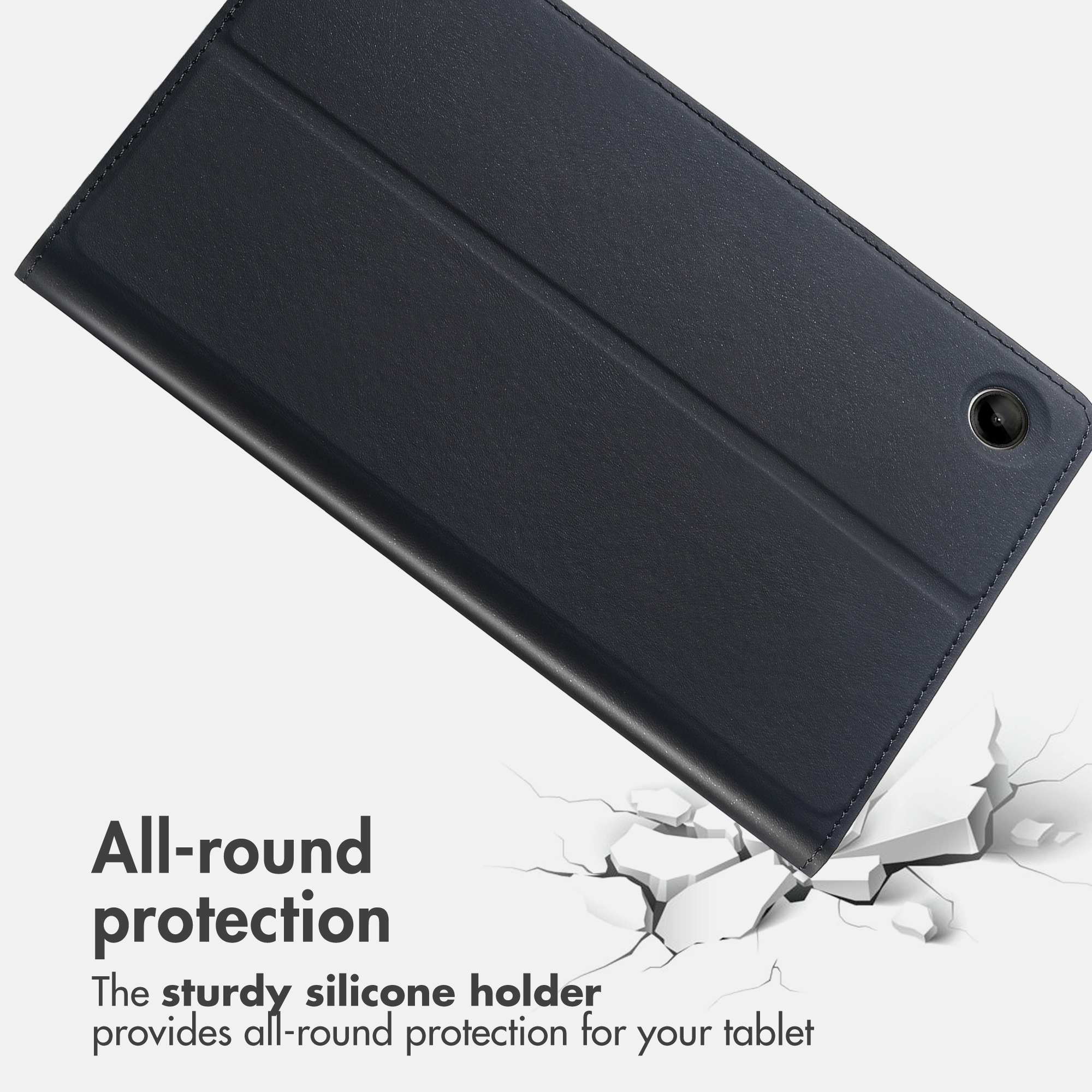 A black tablet case positioned above cracked white ground, featuring the text All-round protection.