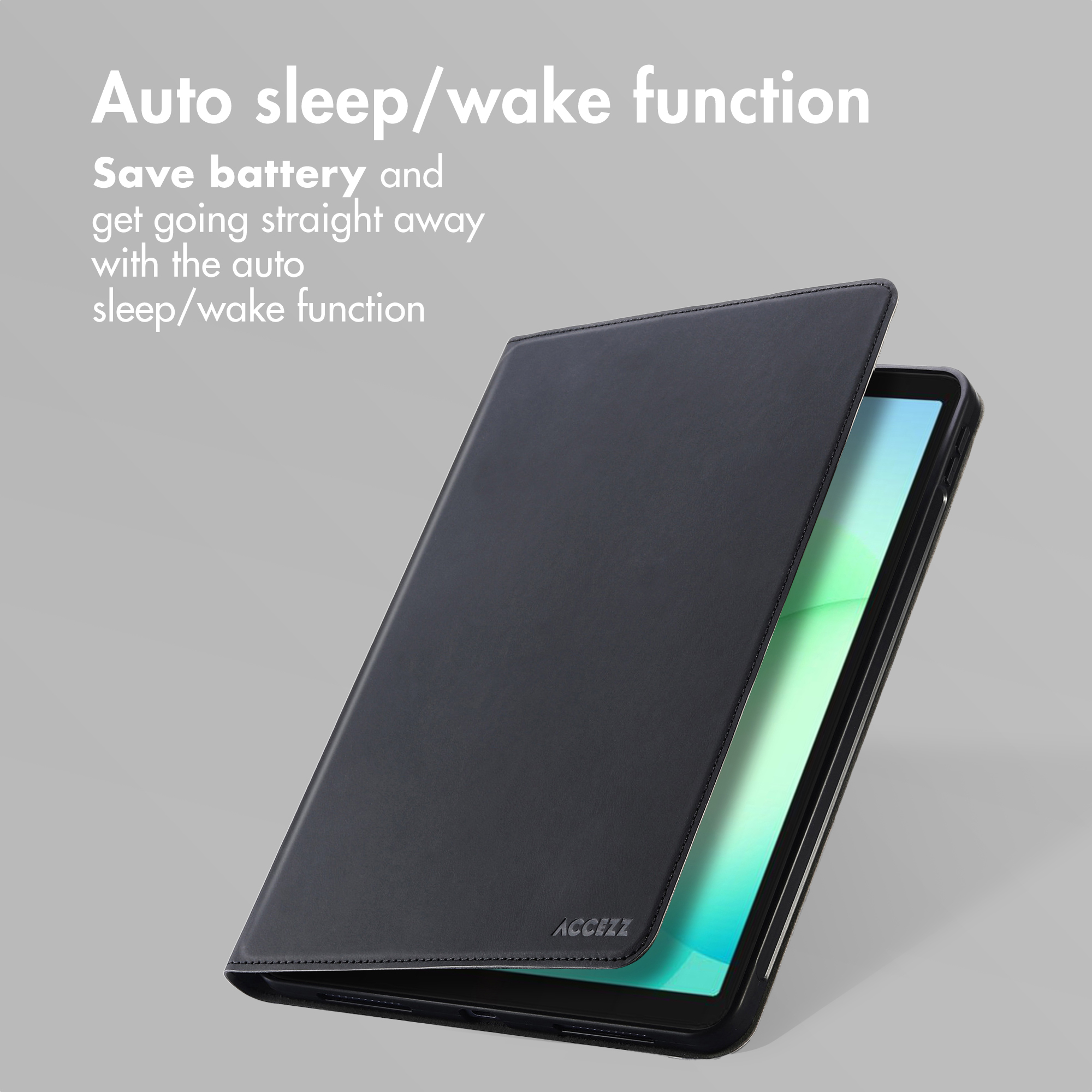 Black tablet case with auto sleep/wake function and bright display.